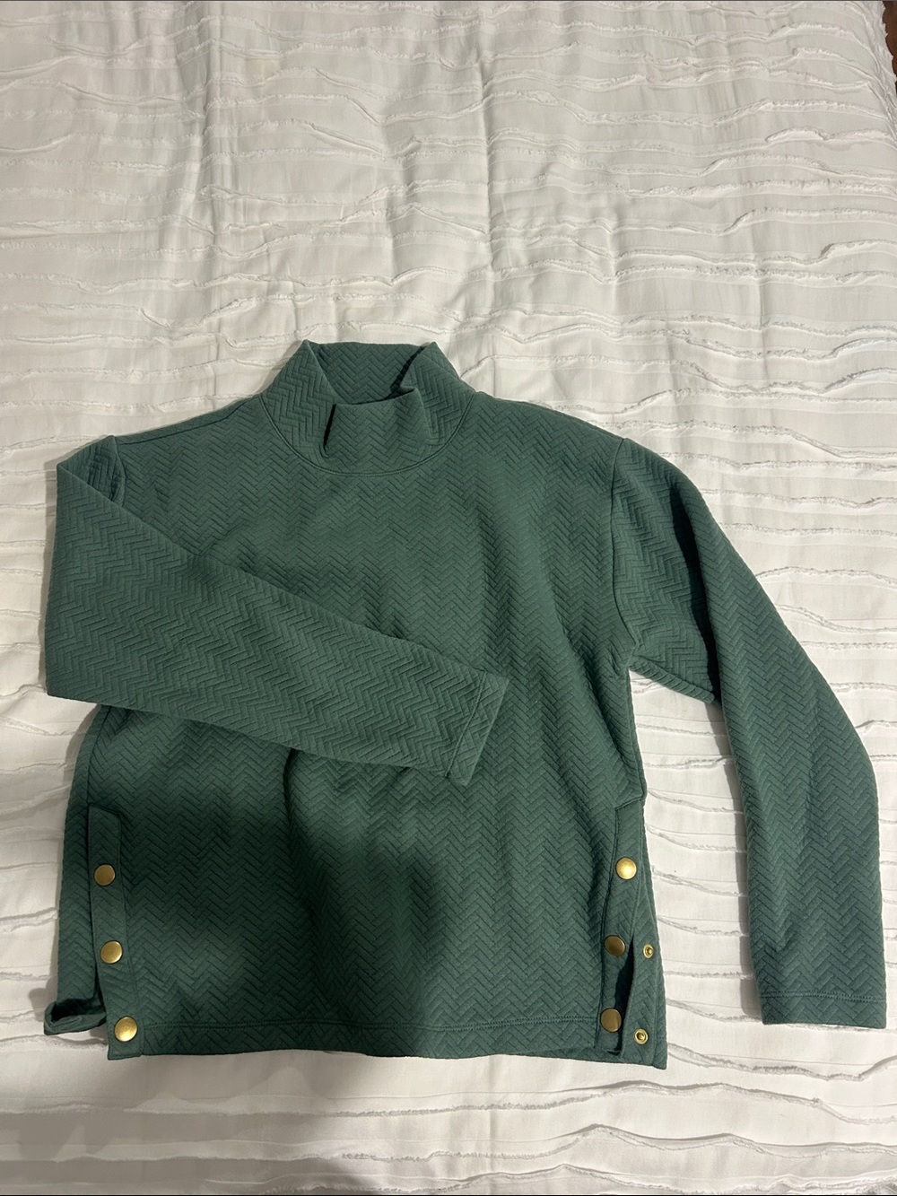 J. Crew Forest Green Chevron Mock Neck Sweater with Gold Buttons